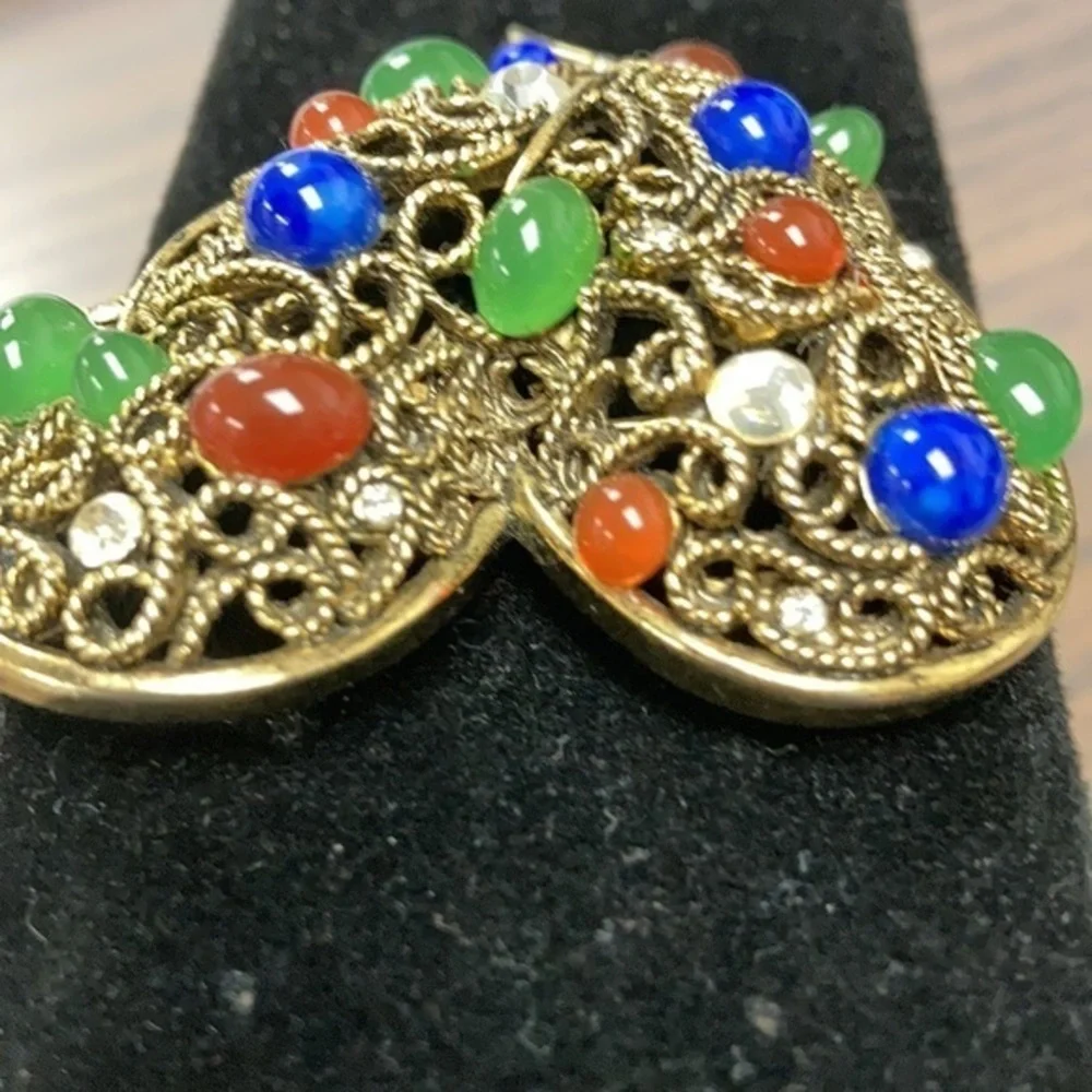 Heart statement pin in antique gold tone with colored faux stones & crystals